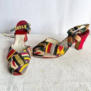 1940s Woven Strappy Embroidered High Heel Shoes